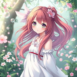 A beautiful anime girl with striking features and vibrant hair, standing gracefully in a whimsical fantasy setting