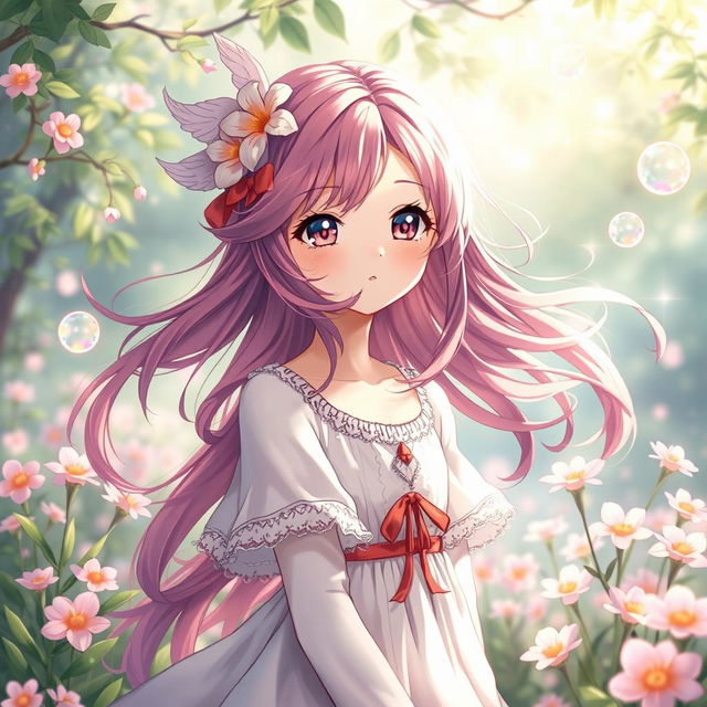 A beautiful anime girl with striking features and vibrant hair, standing gracefully in a whimsical fantasy setting