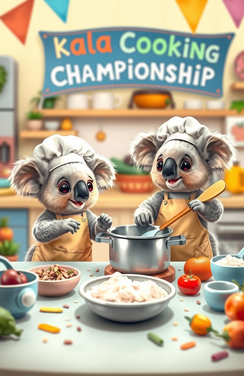 A whimsical scene featuring adorable baby koalas participating in a cooking competition