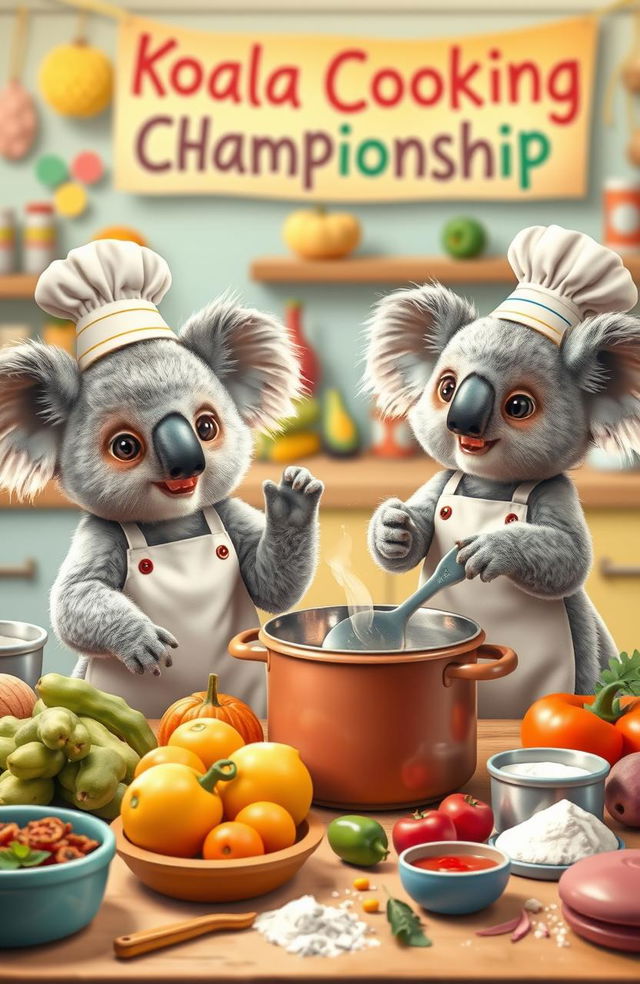 A whimsical scene featuring adorable baby koalas participating in a cooking competition