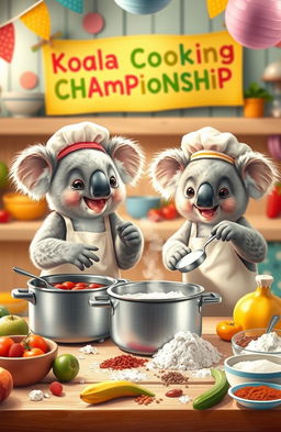 A whimsical scene featuring adorable baby koalas participating in a cooking competition