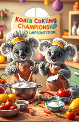 A whimsical scene featuring adorable baby koalas participating in a cooking competition