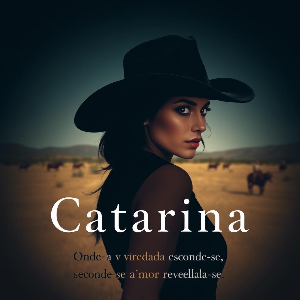 A mysterious woman named Catarina, wearing a cowboy hat, looking back over her shoulder, with her face partially obscured to symbolize her dual life as a spy