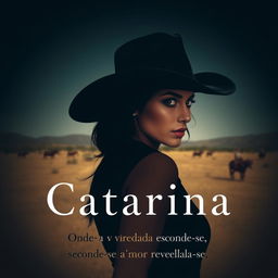 A mysterious woman named Catarina, wearing a cowboy hat, looking back over her shoulder, with her face partially obscured to symbolize her dual life as a spy