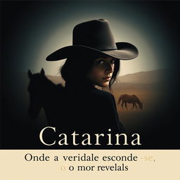A mysterious woman named Catarina, wearing a cowboy hat, looking back over her shoulder, with her face partially obscured to symbolize her dual life as a spy