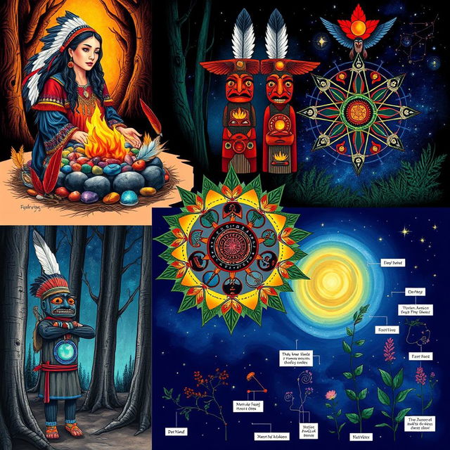 A series of illustrations for a Native American witchcraft book, showcasing various aspects of spirituality and nature