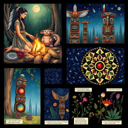 A series of illustrations for a Native American witchcraft book, showcasing various aspects of spirituality and nature