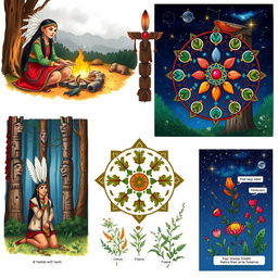 A series of illustrations for a Native American witchcraft book, showcasing various aspects of spirituality and nature