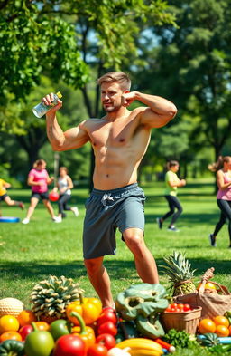 A dynamic and inspiring scene depicting a strong, fit individual in a sunny park setting