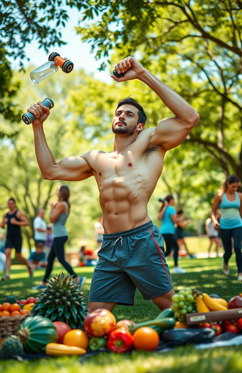 A dynamic and inspiring scene depicting a strong, fit individual in a sunny park setting