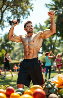 A dynamic and inspiring scene depicting a strong, fit individual in a sunny park setting