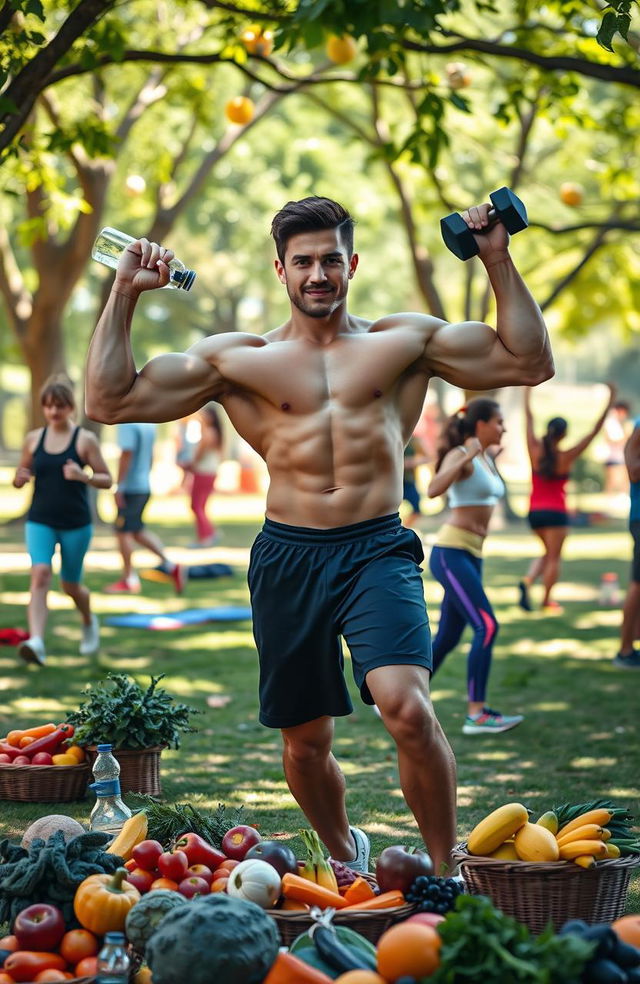 A dynamic and inspiring scene depicting a strong, fit individual in a sunny park setting