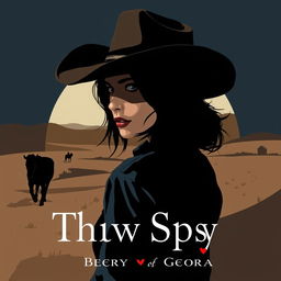 A mysterious woman wearing a cowboy hat, looking back over her shoulder, with her face partially obscured to symbolize her dual life as a spy
