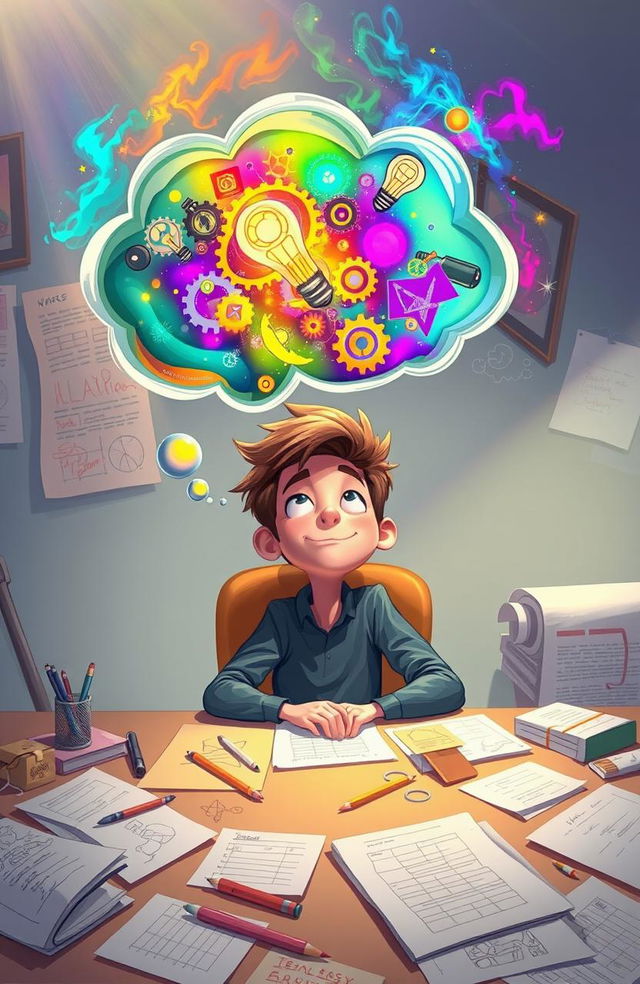 A thought bubble emanating from a character sitting at a desk surrounded by notes and sketches, showcasing creativity and inspiration, vibrant colors of imagination swirling around, intricate details of ideas like gears and light bulbs inside the bubble, illustrating a moment of epiphany or realization, with a whimsical and playful style, energetic atmosphere, soft lighting highlighting the character's expression of wonder and excitement