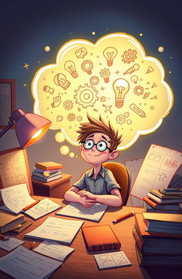 A thought bubble emanating from a character sitting at a desk surrounded by notes and sketches, showcasing creativity and inspiration, vibrant colors of imagination swirling around, intricate details of ideas like gears and light bulbs inside the bubble, illustrating a moment of epiphany or realization, with a whimsical and playful style, energetic atmosphere, soft lighting highlighting the character's expression of wonder and excitement