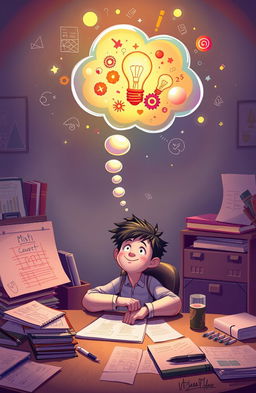 A thought bubble emanating from a character sitting at a desk surrounded by notes and sketches, showcasing creativity and inspiration, vibrant colors of imagination swirling around, intricate details of ideas like gears and light bulbs inside the bubble, illustrating a moment of epiphany or realization, with a whimsical and playful style, energetic atmosphere, soft lighting highlighting the character's expression of wonder and excitement