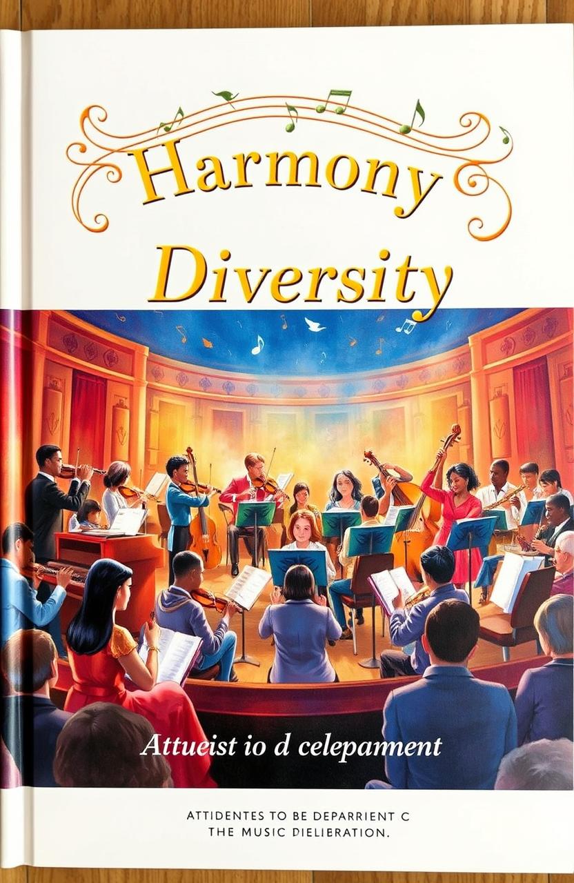 A beautifully illustrated book cover for a music department, featuring a vibrant orchestra with diverse musicians, playing various instruments such as violins, trumpets, and pianos