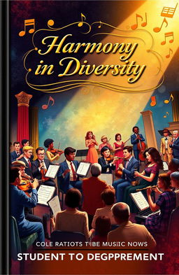 A beautifully illustrated book cover for a music department, featuring a vibrant orchestra with diverse musicians, playing various instruments such as violins, trumpets, and pianos