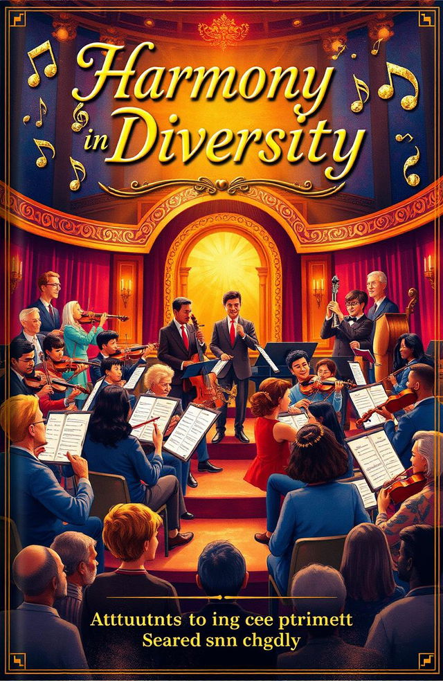 A beautifully illustrated book cover for a music department, featuring a vibrant orchestra with diverse musicians, playing various instruments such as violins, trumpets, and pianos