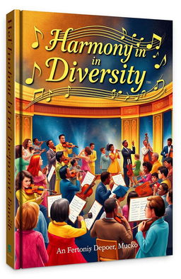 A beautifully illustrated book cover for a music department, featuring a vibrant orchestra with diverse musicians, playing various instruments such as violins, trumpets, and pianos