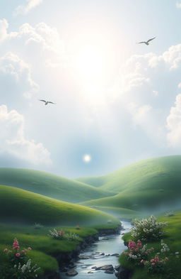 A serene and peaceful landscape representing the concept of life after death