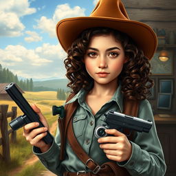 A teenage girl with curly dark brown hair and brown eyes, wearing a cowboy hat, holding various spy gadgets in her hands