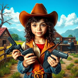 A teenage girl with curly dark brown hair and brown eyes, wearing a cowboy hat, holding various spy gadgets in her hands
