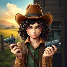 A teenage girl with curly dark brown hair and brown eyes, wearing a cowboy hat, holding various spy gadgets in her hands