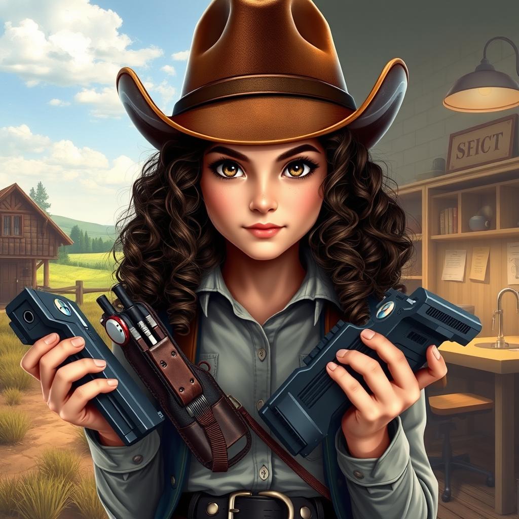 A teenage girl with curly dark brown hair and brown eyes, wearing a cowboy hat, holding various spy gadgets in her hands