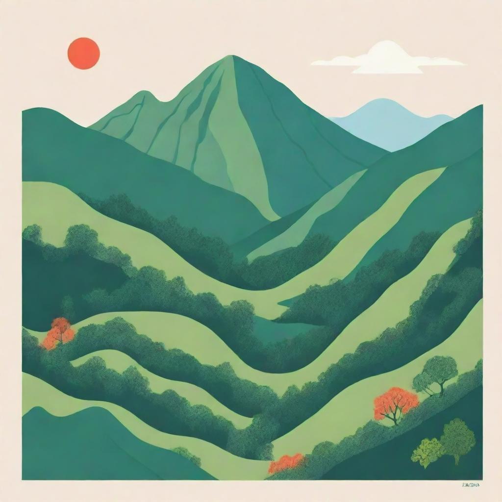 A vividly simple illustration of Lushan Mountain, China, drawn in a stylized manner