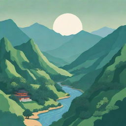 A vividly simple illustration of Lushan Mountain, China, drawn in a stylized manner