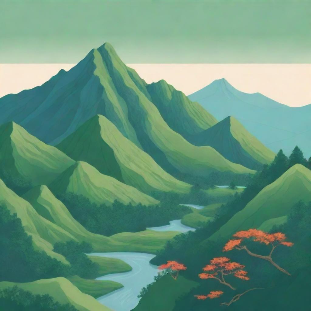 A vividly simple illustration of Lushan Mountain, China, drawn in a stylized manner