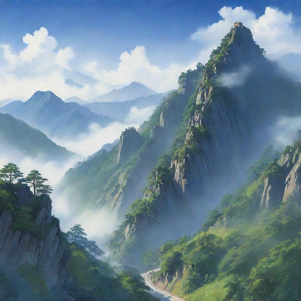 An illustration of the majestic Lushan Mountain, with mist elegantly creeping up its sloping paths and vibrant greenery contrasting with the deep blue sky