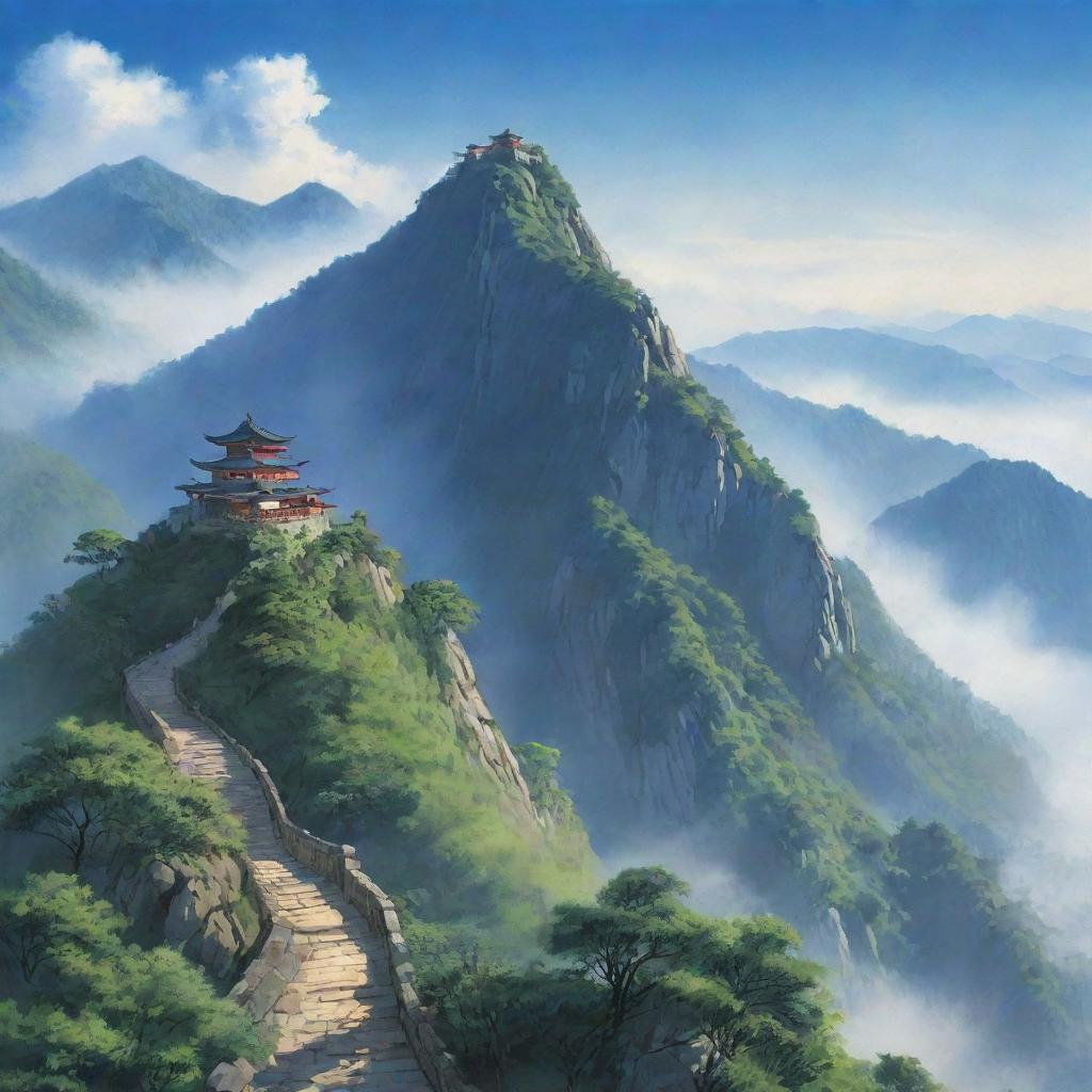 An illustration of the majestic Lushan Mountain, with mist elegantly creeping up its sloping paths and vibrant greenery contrasting with the deep blue sky