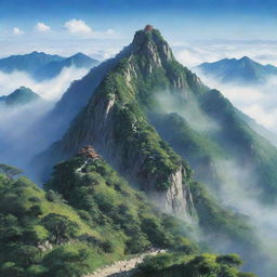 An illustration of the majestic Lushan Mountain, with mist elegantly creeping up its sloping paths and vibrant greenery contrasting with the deep blue sky