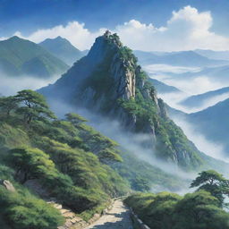 An illustration of the majestic Lushan Mountain, with mist elegantly creeping up its sloping paths and vibrant greenery contrasting with the deep blue sky