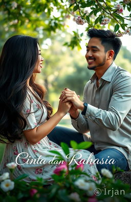 A woman sitting in a park with a man presenting her with a ring, an atmosphere filled with romance and mystery, under soft daylight