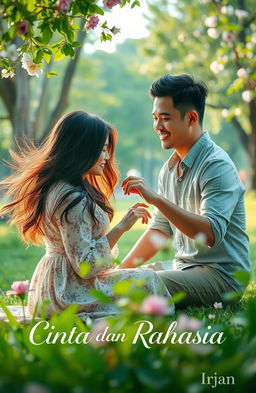 A woman sitting in a park with a man presenting her with a ring, an atmosphere filled with romance and mystery, under soft daylight