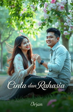 A woman sitting in a park with a man presenting her with a ring, an atmosphere filled with romance and mystery, under soft daylight