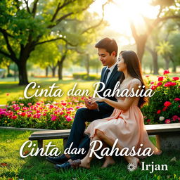 A woman sitting in a park with a man presenting her with a ring, set against a backdrop of vibrant greenery and colorful flowers, encapsulating a romantic and secretive atmosphere