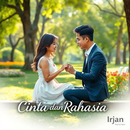 A woman sitting in a park with a man presenting her with a ring, set against a backdrop of vibrant greenery and colorful flowers, encapsulating a romantic and secretive atmosphere
