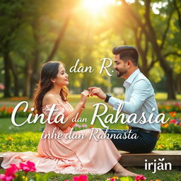 A woman sitting in a park with a man presenting her with a ring, set against a backdrop of vibrant greenery and colorful flowers, encapsulating a romantic and secretive atmosphere