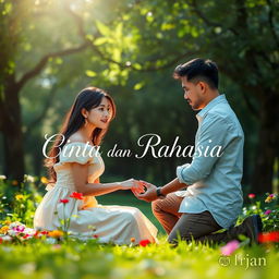 A woman sitting in a lush park with a serene expression as a man kneels before her, presenting a ring with an air of romance and mystery