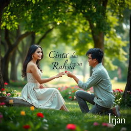 A woman sitting in a lush park with a serene expression as a man kneels before her, presenting a ring with an air of romance and mystery