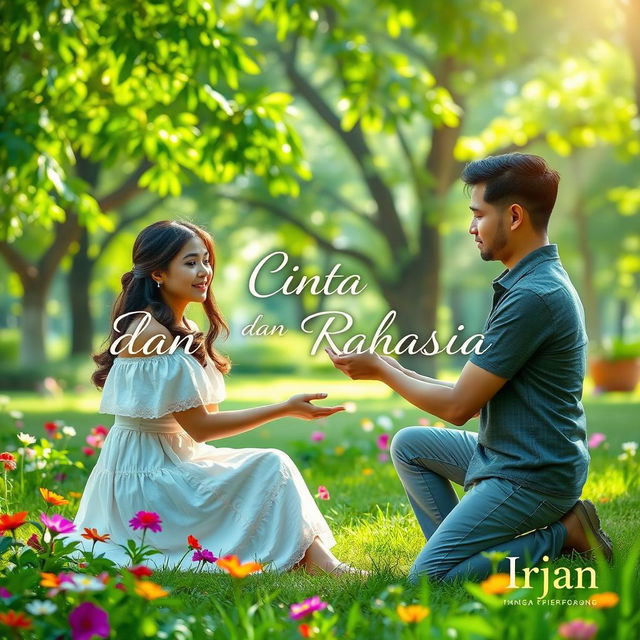 A woman sitting in a lush park with a serene expression as a man kneels before her, presenting a ring with an air of romance and mystery