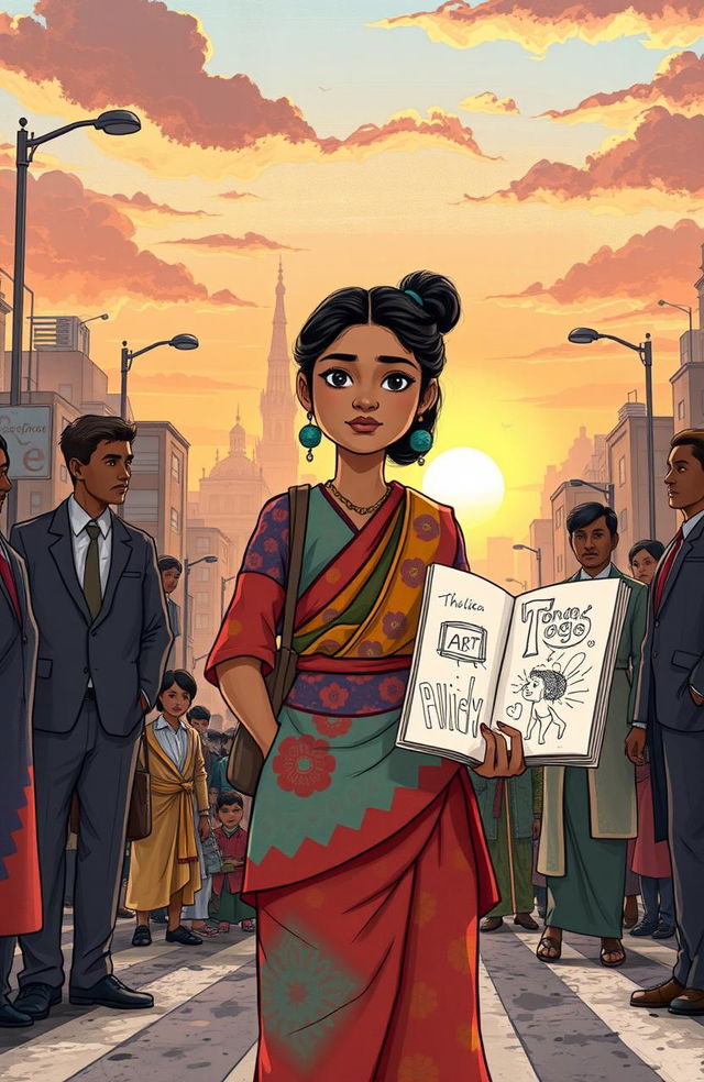 A poignant illustration of Thulika, a 26-year-old woman with a determined expression, standing at a crossroads in a bustling city