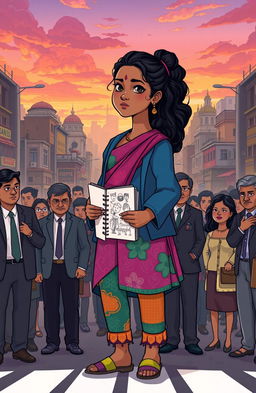 A poignant illustration of Thulika, a 26-year-old woman with a determined expression, standing at a crossroads in a bustling city