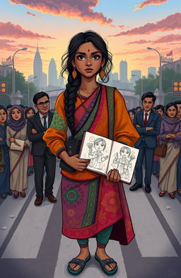 A poignant illustration of Thulika, a 26-year-old woman with a determined expression, standing at a crossroads in a bustling city