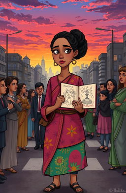 A poignant illustration of Thulika, a 26-year-old woman with a determined expression, standing at a crossroads in a bustling city