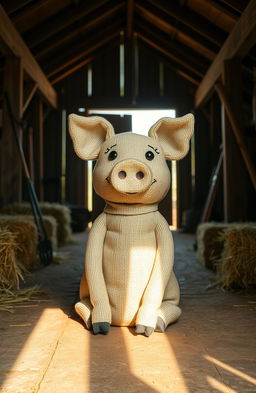 A charming gunnysack pig sitting inside a rustic barn, surrounded by wooden beams and hay bales